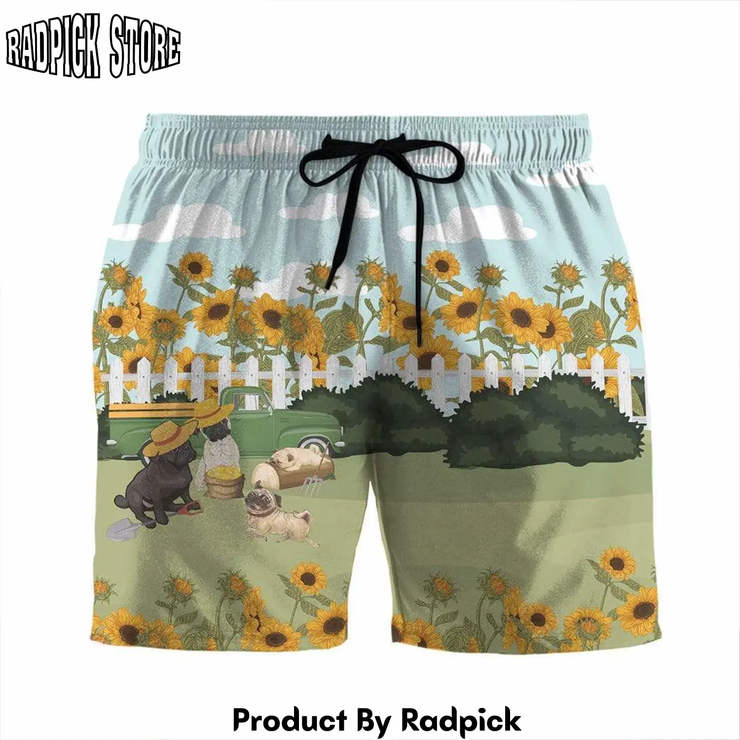 Radpick 3d family pug in the garden summer beach shorts swim trunks rp631535